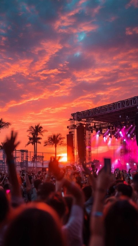 Crowd facing an outdoor stage at sunset