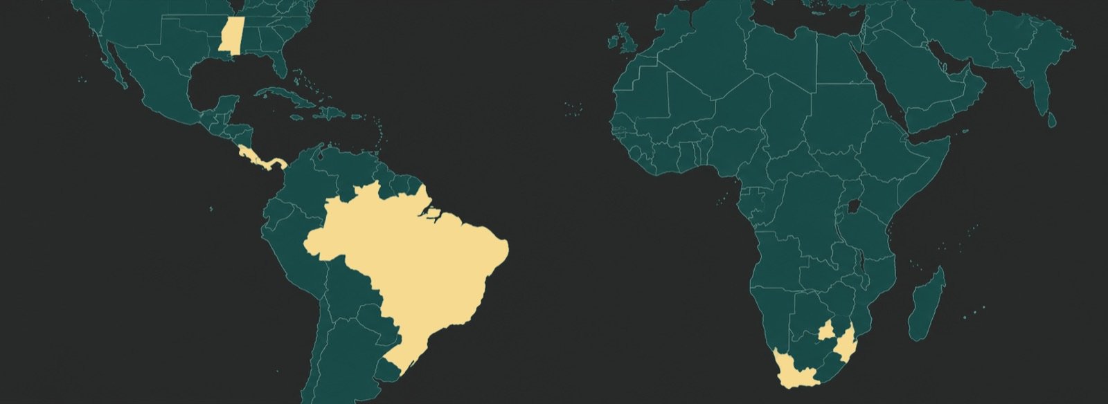 Map of the Americas and Africa with BGE&rsquo;s markets highlighted: Mississippi, Brazil, Panama, Costa Rica and South Africa.